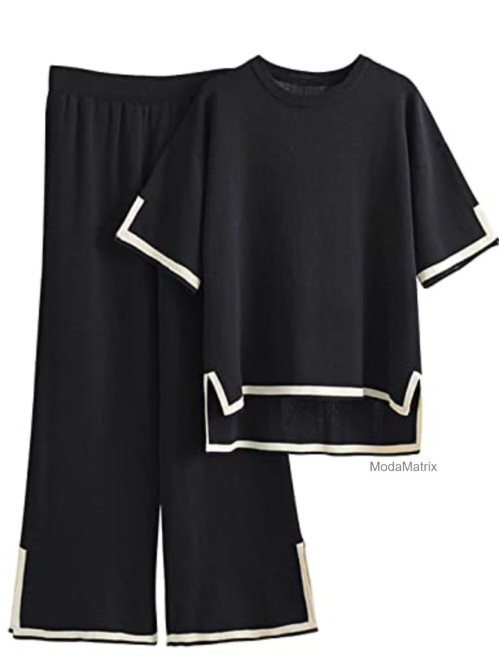 2 Piece Lounge Set Knit Viscose Nylon Short Sleeve Wide Leg Pants
